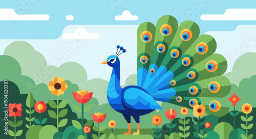 Peacock displaying tail among flowers in garden during daytime sky