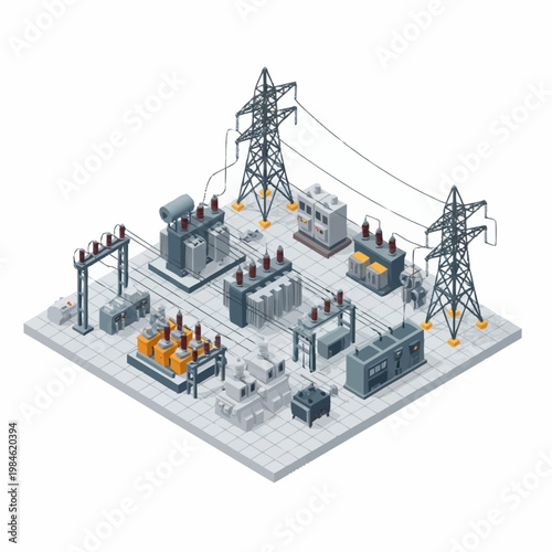 Electrical power substation with transformers and transmission towers.