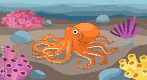 Octopus resting on seabed among colorful coral reefs