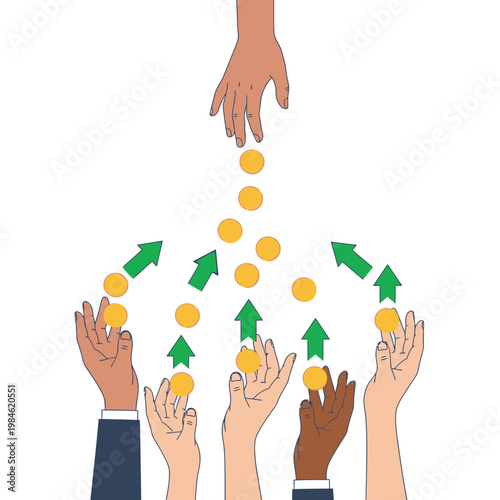 Hands reaching up, coins falling down, distribution, teamwork, finance, investment, growth
