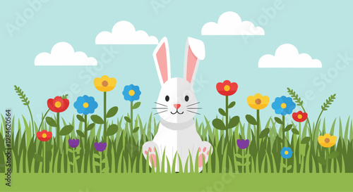 Rabbit sitting among colorful flowers in grassy meadow