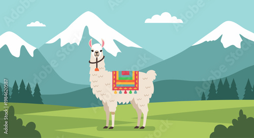 Llama standing on green valley with snowy mountain backdrop