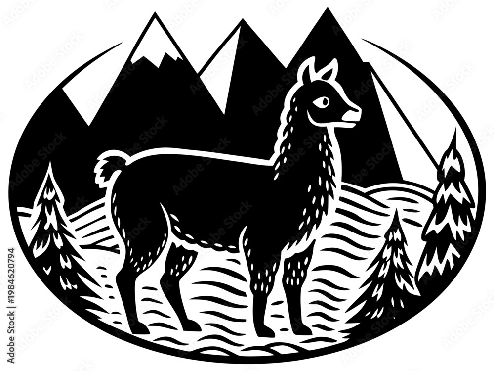 Fototapeta premium Llama standing in oval mountain emblem with trees