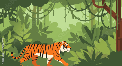 Bengal tiger prowling through dense tropical jungle foliage