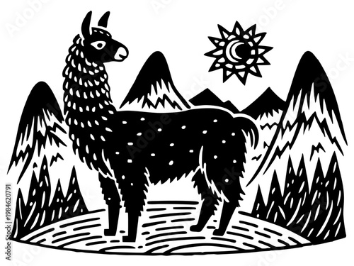 Llama standing in mountainous landscape with sun symbol
