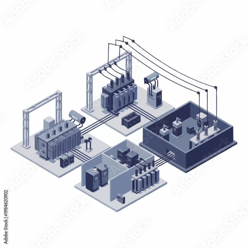 Electrical substation power distribution system schematic isometric view.
