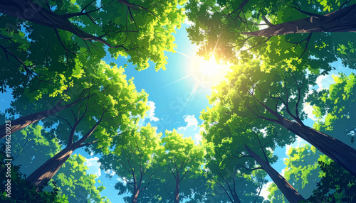 Calming green shelter filled with warm celestial shimmer. Mindful forest ceiling supporting meditation retreat themes. Soothing organic background for spa beauty branding