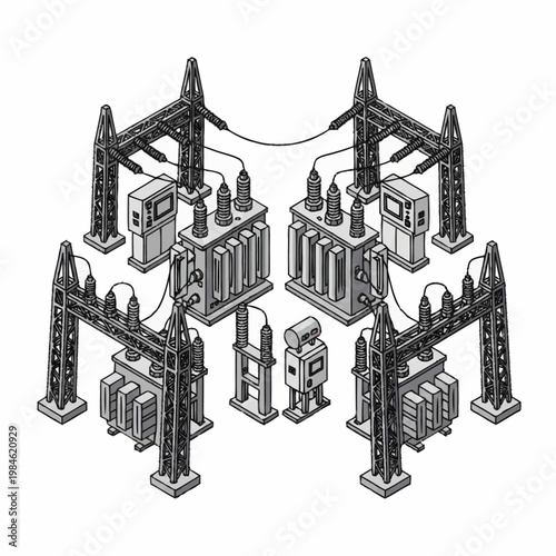 Electrical substation power distribution infrastructure isometric illustration.