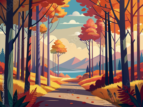 Woodland trail leading to lake and distant mountain vista