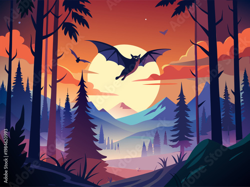 Bat gliding across moonlit mountain valley at dusk among tall pine trees
