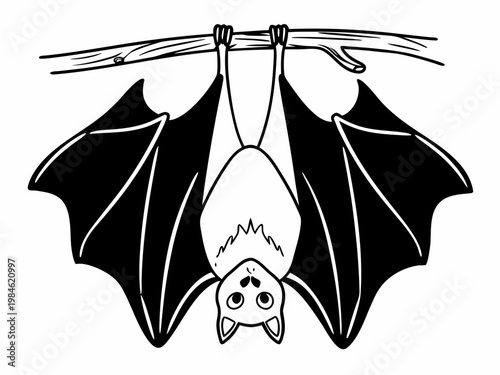 Bat hanging upside down from branch in simple illustration