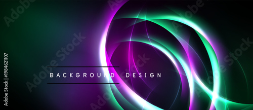 Abstract neon swirls, vibrant colors blend. Dark background emphasizes glowing curves, modern design element. Simple text overlay present.