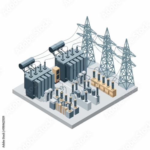 Electrical substation with power lines and transformers.