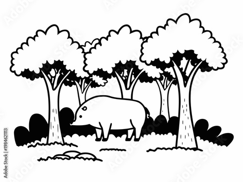 Wild boar foraging in forest clearing black and white illustration