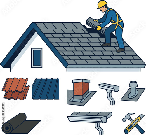 Roofing worker installing shingles on a house roof with construction tools and materials, representing home repair and building maintenance.