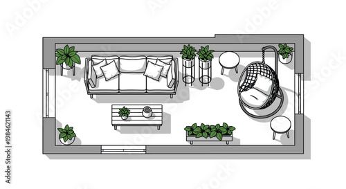Top-down isometric view of a spacious balcony with a cozy sofa, a rectangular coffee table, two round side tables, a hanging egg chair, and various potted plants.