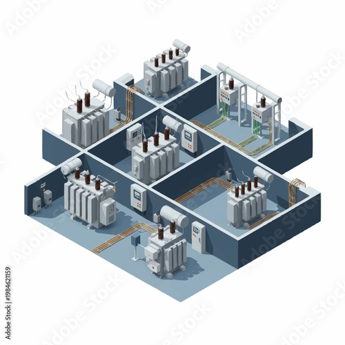 Electrical substation with multiple transformers and power lines.