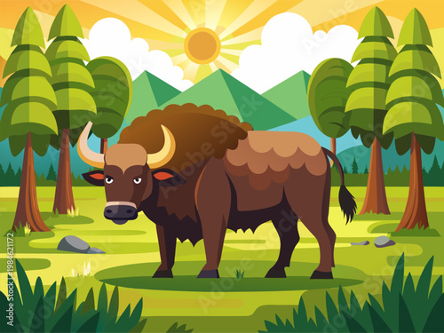 American bison standing in grassy clearing with sunrise mountains