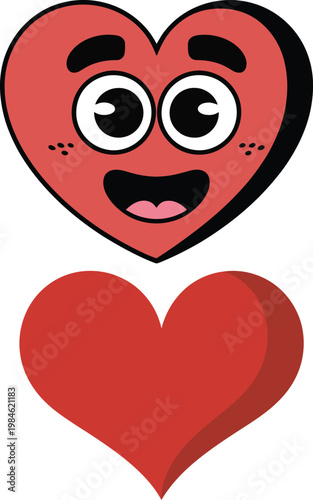 Cute Cartoon Heart Face and Red Heart Shape Vector Illustration