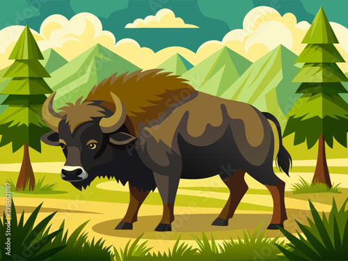 Bison standing grazing in conifer forest mountain meadow