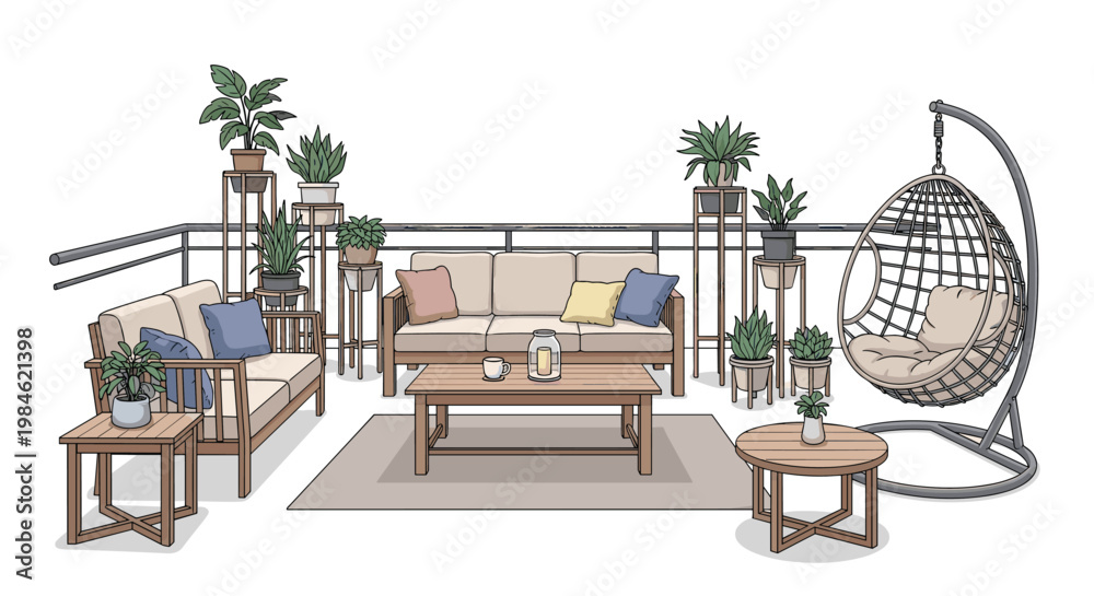 Fototapeta premium Expansive outdoor balcony features a two-seater sofa, a three-seater sofa, a coffee table, a side table, a hanging egg chair, and numerous decorative potted plants on stands.
