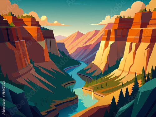 River flowing between steep canyon walls during golden hour