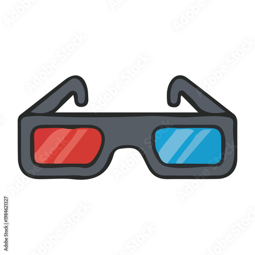 Hand drawn doodle of 3D cinema glasses with red and blue lenses