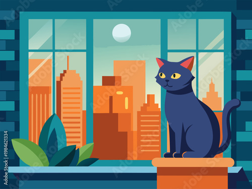 Black cat sitting on windowsill with moonlit city view
