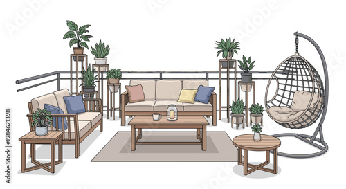 Expansive outdoor balcony features a two-seater sofa, a three-seater sofa, a coffee table, a side table, a hanging egg chair, and numerous decorative potted plants on stands.