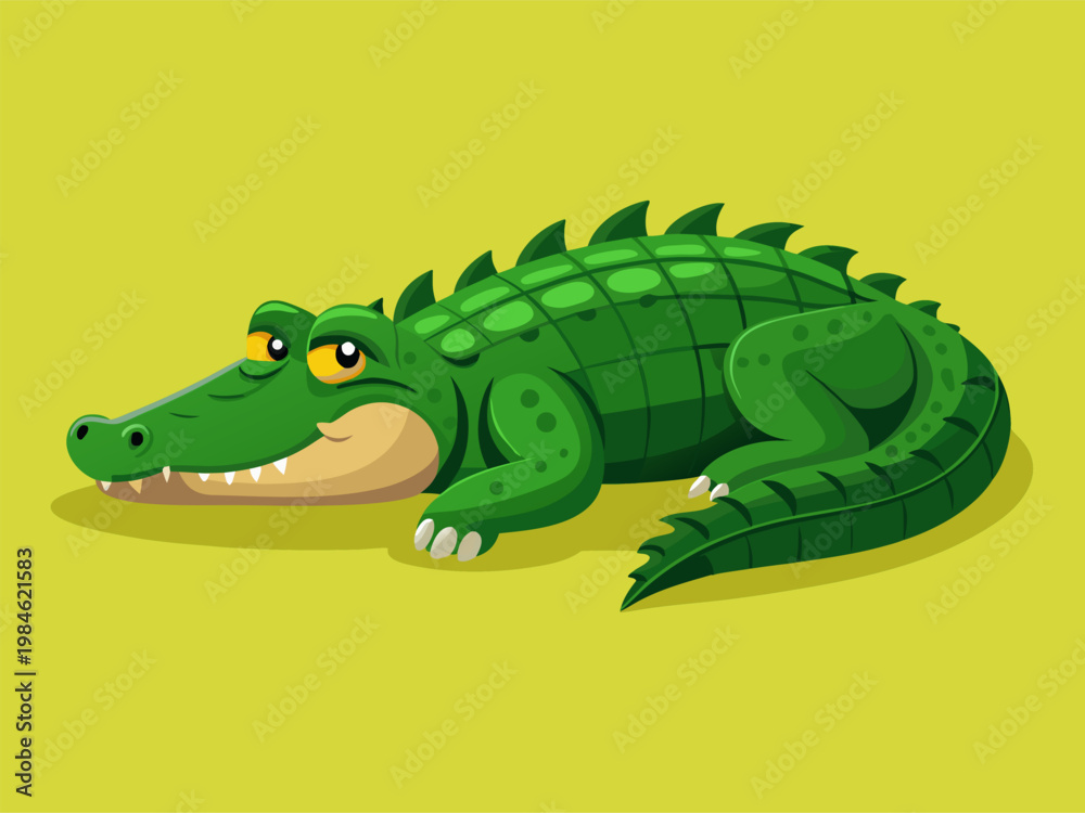 Fototapeta premium Green cartoon crocodile reclining on yellow background