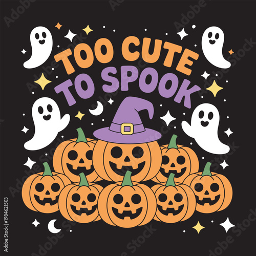 Halloween pumpkin with purple witch hat and "too cute to spook" text