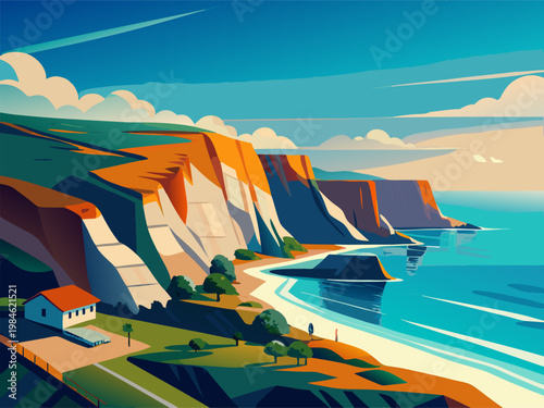 Cliffs overlooking coastal bay with house on shoreline
