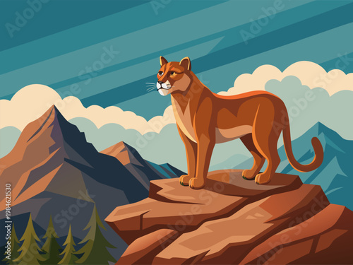 Puma standing on rocky ledge with mountain backdrop