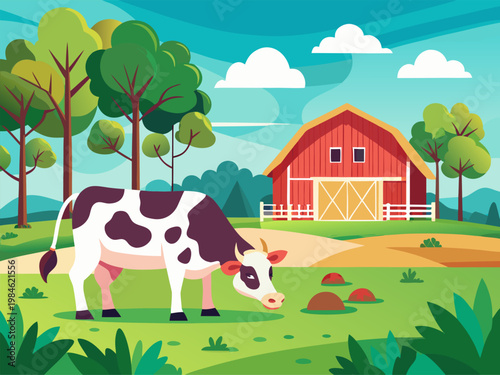 Cow grazing in green pasture with red barn background