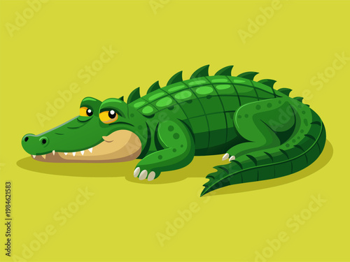 Green cartoon crocodile reclining on yellow background