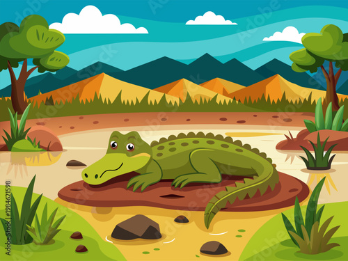 Crocodile resting on mud in marshland landscape