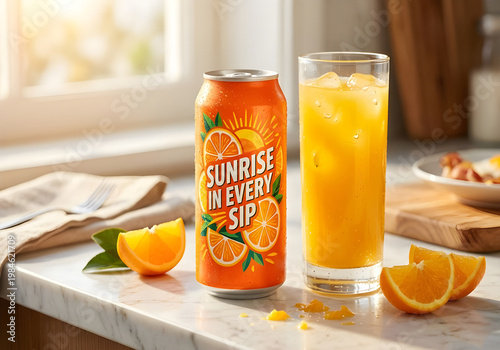 Fresh Orange Soda Served Over Ice with Citrus Slices and Can Display