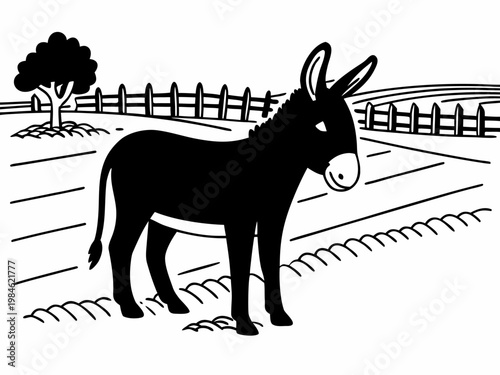 Donkey standing in fenced farm field with lone tree