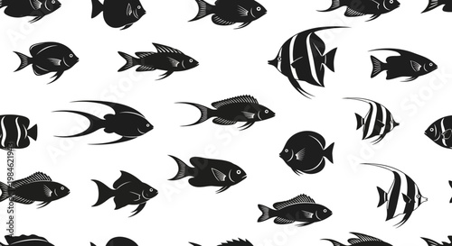 Seamless Pattern of Black Silhouette Fish on White Background - Marine Life Illustration