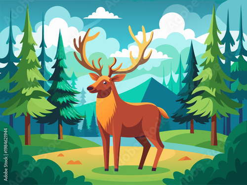 Deer standing alert in pine forest clearing with mountains