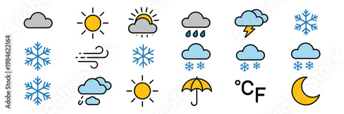 Vector Weather Icon Set of Sun Clouds Rain Snow Lightning Wind Umbrella Temperature Symbols Colorful Flat Line Illustration for Forecast Design