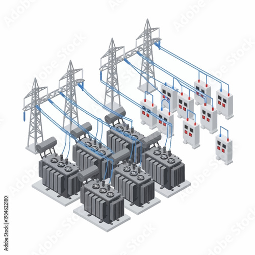 Electrical substation with transformers and power lines.