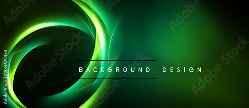Abstract green neon lights create dynamic curves. Dark background emphasizes glowing swirls, modern design element.