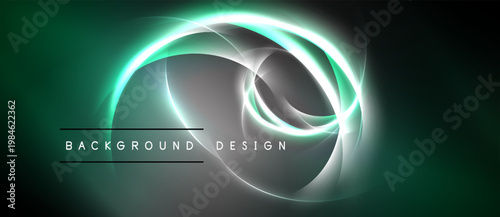 Abstract glowing swirls, green hues dominate dark background. Text reads background design. Modern, dynamic visual presentation.