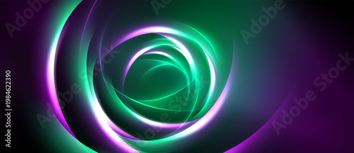 Abstract swirls, vibrant green, purple hues. Concentric circles create dynamic, glowing effect. Dark background emphasizes luminosity.