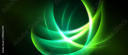 Abstract green light curves radiate from center. Dark background emphasizes glowing shapes, creating dynamic visual effect.