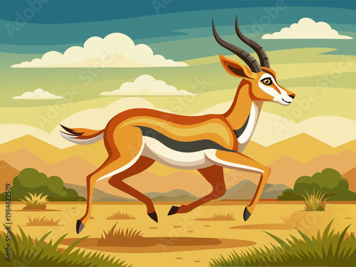 Antelope running across open savannah landscape at sunset