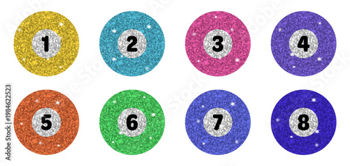 Set of glitter billiard ball stickers isolated on white background. Sparkling numbered pool balls in bright rainbow colors with shiny texture, featuring circles from one to eight for game themes.
