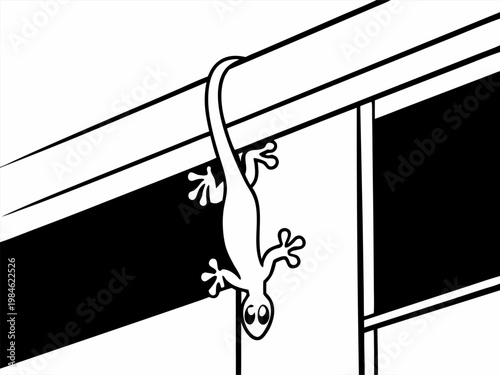 Gecko hanging upside down from exterior window ledge