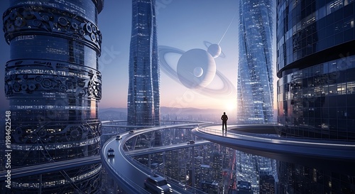 A person observes a futuristic cityscape with towering skyscrapers, elevated roadways, and a planetary alignment in the sky during sunset